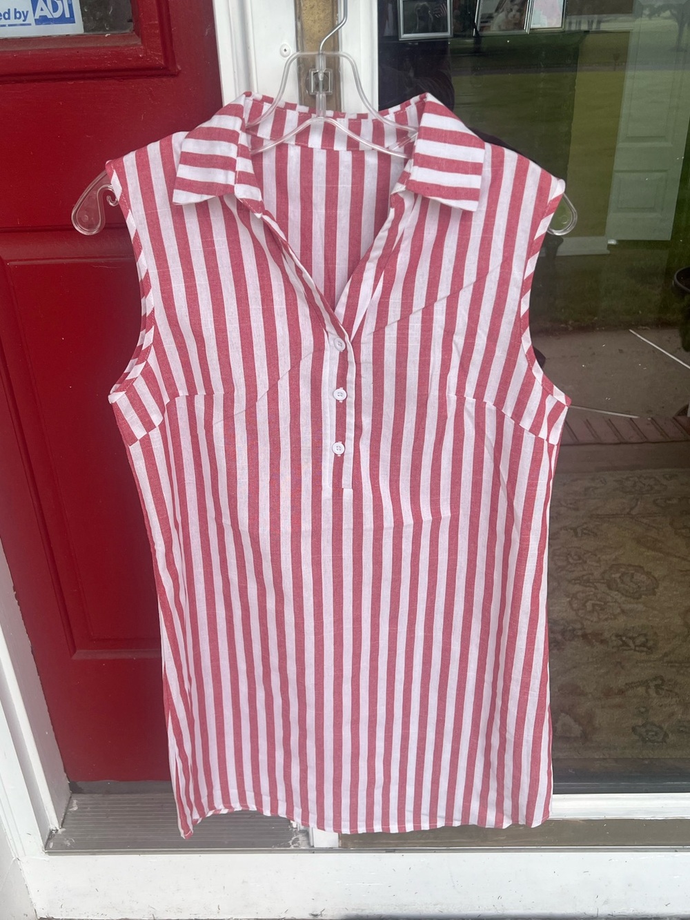 Sleeveless Red & White Striped Mini Shirt Dress